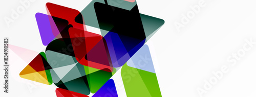 Abstract geometric shapes overlap, creating vibrant color blends. Composition focuses on dynamic visual energy, modern design.