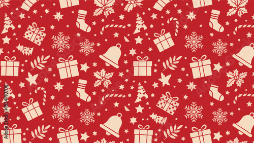 Festive red Christmas background with repeating patterns of gifts, snowflakes, and bells.
