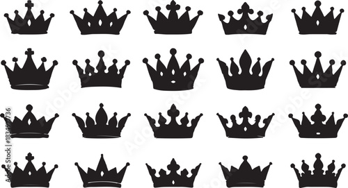 Collection of various crown silhouettes on white background