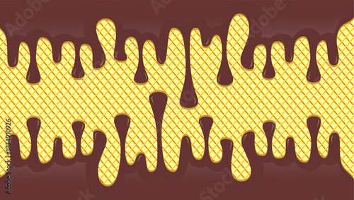 Hot chocolate drip illustration. Melting chocolate  on waffle background. Drippy ice cream vector design. Wavy choco melt border. Brown chocolate drips illustration.