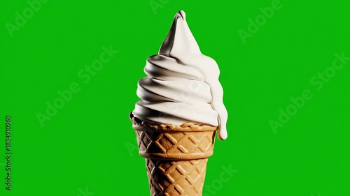 Delicious Soft Serve Ice Cream Melting on a Waffle Cone Against a Green Screen Background.