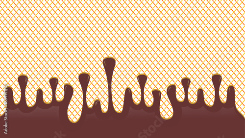 Hot chocolate drip illustration. Melting chocolate  on waffle background. Drippy ice cream vector design. Wavy choco melt border. Brown chocolate drips illustration.