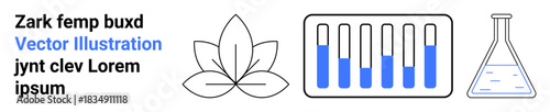Leaf, test tubes with blue liquid, and laboratory flask. Ideal for science, research, environment, innovation, natural products, education eco-concepts simple landing page