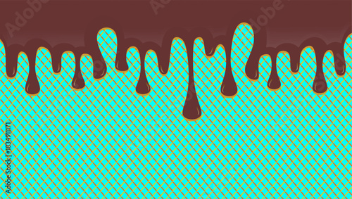 Hot chocolate drip illustration. Melting chocolate  on waffle background. Drippy ice cream vector design. Wavy choco melt border. Brown chocolate drips illustration.