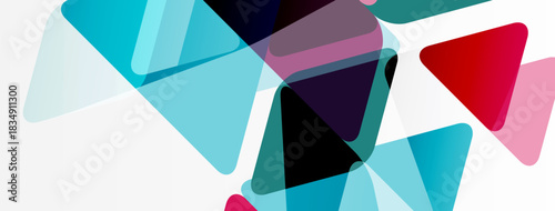 Abstract geometric shapes overlap, creating vibrant color blends. Triangles dominate composition, offering modern aesthetic.