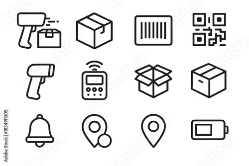 Box handheld vector open logistics scanner icon qr gps set pin package