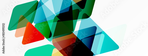 Abstract geometric shapes overlap, creating vibrant color blends. Composition features triangles, transparency, modern design elements.