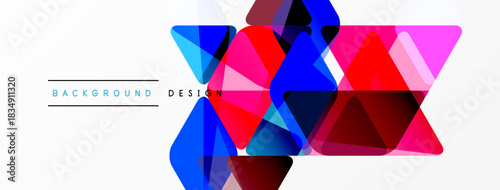 Abstract geometric shapes overlap, creating vibrant colorful design. Blue, red, purple tones dominate white background. Modern aesthetic.