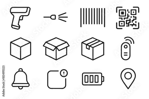 Package handheld vector battery bell tracker box icon scanner qr gps