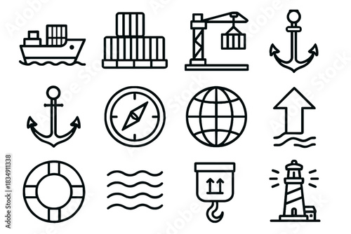 Globe anchor icon vector box lighthouse stacks hook sea arrows cargo compass