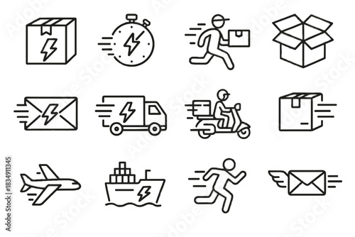 Lines delivery lightning mail quick man vector icon truck open box plane