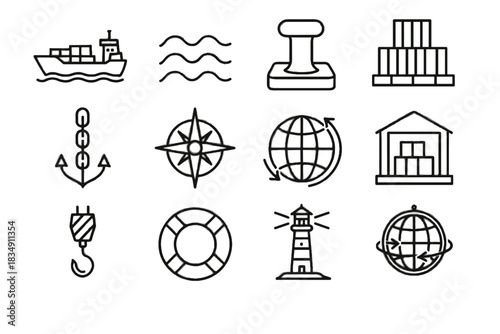 Logistics globe icon global chain marine anchor icons waves vector hook lighthouse
