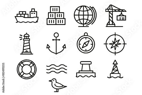 Freight icons ocean navigation seagull vector icon bollard crane container anchor port