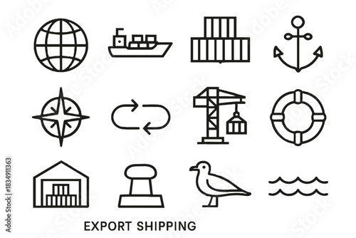 Icon shipping crane waves arrows vector stacked globe export global anchor icons