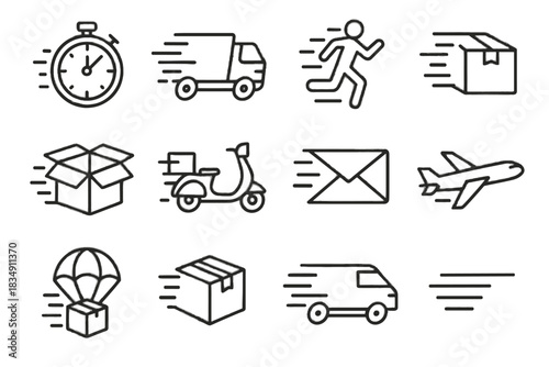 Stopwatch scooter icon courier package vector box truck fast urgent icons rushing