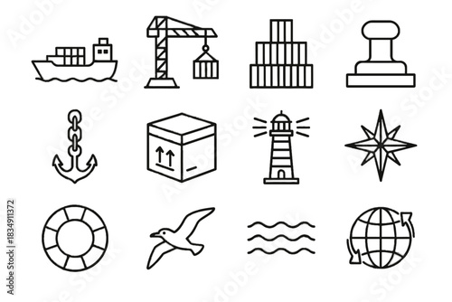 Crane set rose icons chain box dock anchor vector arrows compass icon