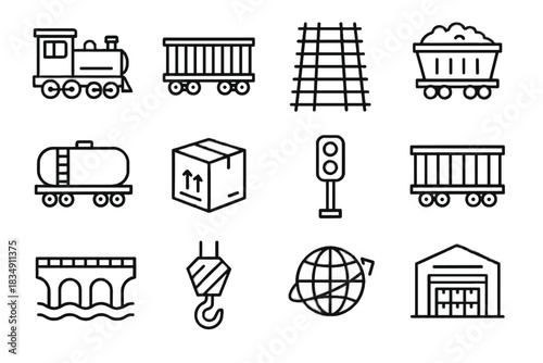 Icon vector warehouse hook cargo globe engine tanker wagons icons train freight