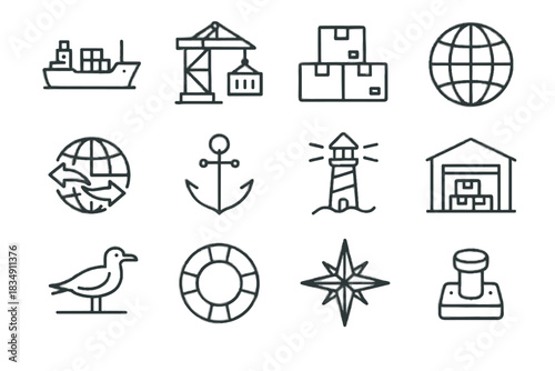 Maritime port anchor compass trade icons bollard boxes vector lighthouse seagull icon