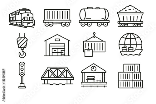 Train global storage station icon logistics freight sphere vector crane signal stacked