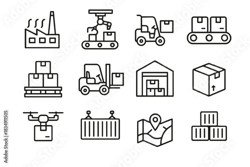Set vector truck logistics belt shipping conveyor container icon manufacturing box pallet