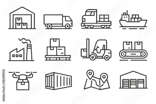 Pallet warehouse freight cargo belt icon container logistics set forklift vector train