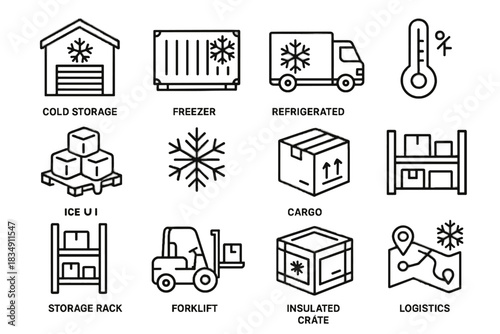 Pallet icon forklift sensor snowflake refrigerated truck cold storage logistics icons vector