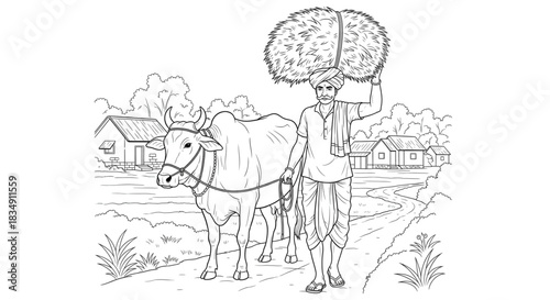 Rural Indian Farmer Leading Ox with Hay Harvest for Agriculture and Farming Projects