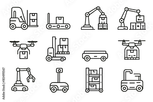 Warehouse vector robotics sorting agv inventory shelving conveyor icon inspection icons autonomous