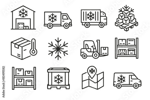Snowflake storage chilled conveyor logistics thermos icons vector icon van belt delivery