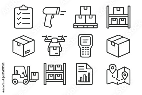 Warehouse checklist data map handheld icon shelf set vector inventory storage stack