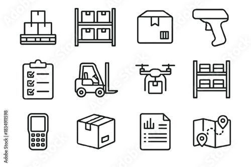 Barcode label icon set sheet vector box scanner package data warehouse storage