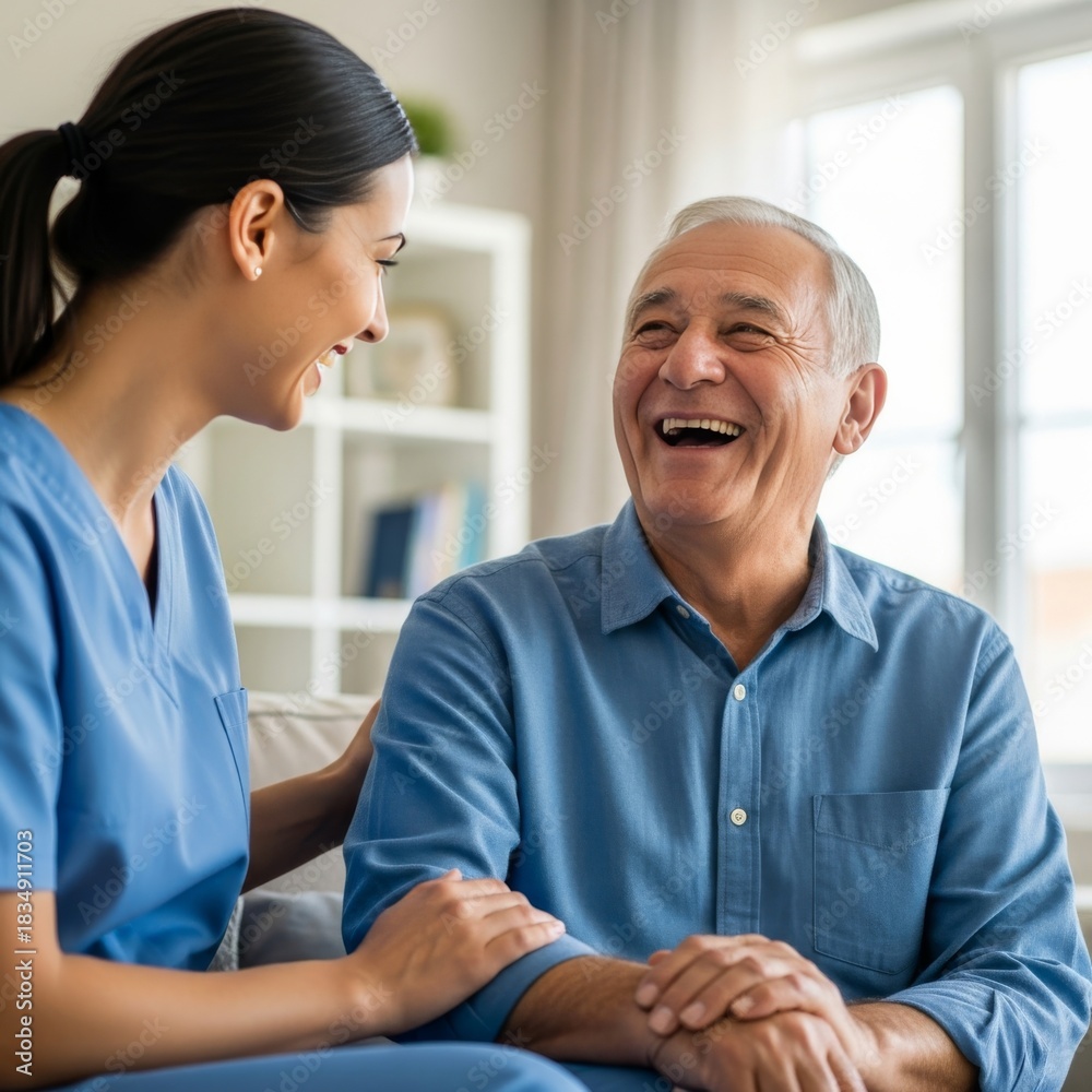 Obraz premium Candid editorial shot of a senior man laughing heartily with his home healthcare nurse, highlighting the joy and companionship in geriatric care.