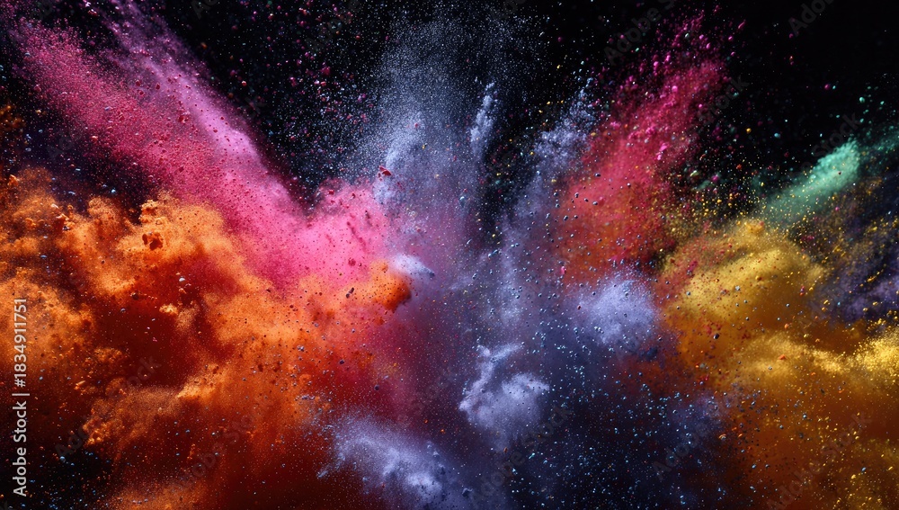 Fototapeta premium Explosion of vibrant color, powder bursting dramatically against a dark backdrop