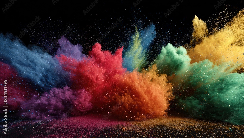 Fototapeta premium Colorful explosion of powder particles on black background