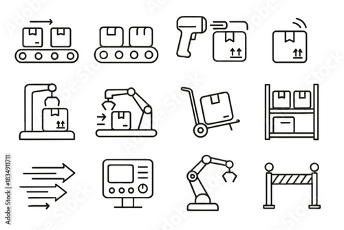 Icon warehouse conveyor shelf package icons arm panel sensor control vector express