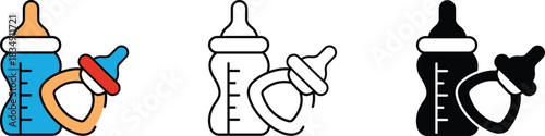 Baby feeding bottle Icon set with nipple black filled and line style newborn milk bottle vectors.