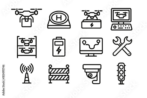 Console tools barrier maintenance icon rack logistics route vector signal drone