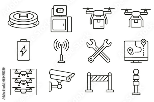 Camera charging vector maintenance icon station hub surveillance icons route delivery console