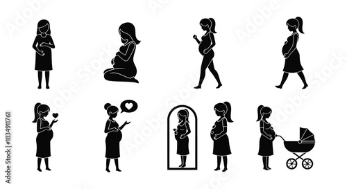 Illustrations depicting the stages of pregnancy and motherhood in a simple style