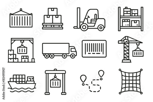 Shipping cargo truck rack storage gate icon forklift vector container barcode