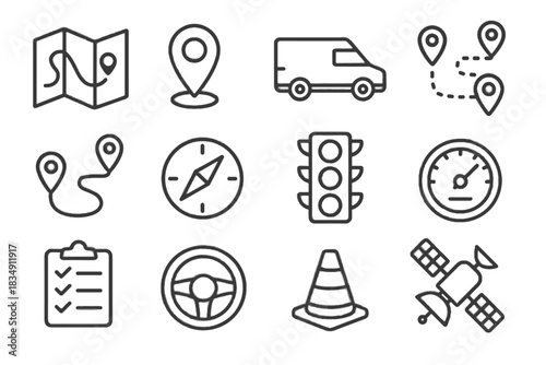 Wheel icon gps pins checklist signals route vector delivery modern satellite