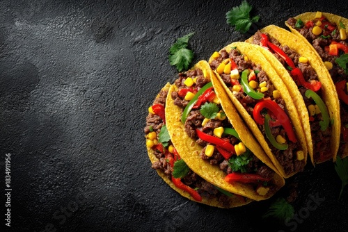 Delicious tacos with seasoned ground meat, peppers, corn, and cilantro on black surface