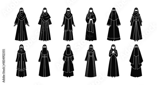 A collection of black silhouettes depicting women in traditional niqab attire