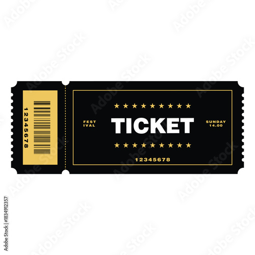 A collection of vector illustrations featuring modern event tickets in various styles (black gold, black white, festival, and 'Day One' formats) with barcodes, dates, and star accents. Ideal for music