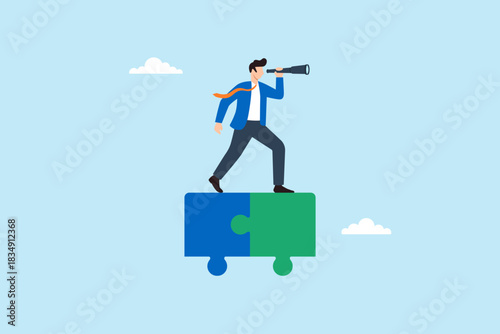 Flat illustration of businessman standing on connected puzzle pieces while looking ahead with binocular symbolizing vision and strategic future planning