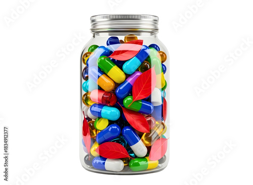 Wallpaper Mural A glass jar full of colorful medication pills and capsules on a white background isolated on transparent background Torontodigital.ca