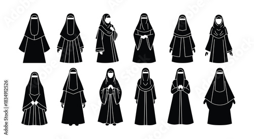 A collection of black silhouettes depicting women in traditional niqab attire