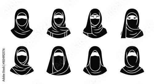 Variety of black niqab and hijab face veil designs in a set