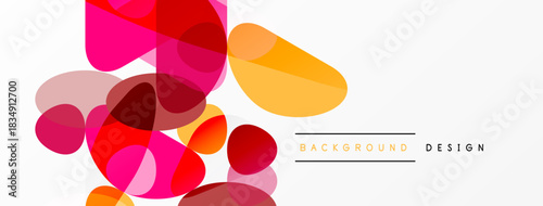 Abstract colorful shapes overlap, creating dynamic visual texture. Pink, orange, red hues dominate design. Minimalist aesthetic.