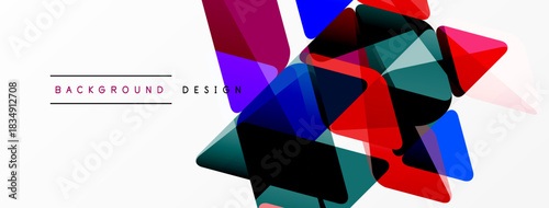 Abstract geometric shapes overlap, creating vibrant colorful composition. White space provides contrast, modern design element.